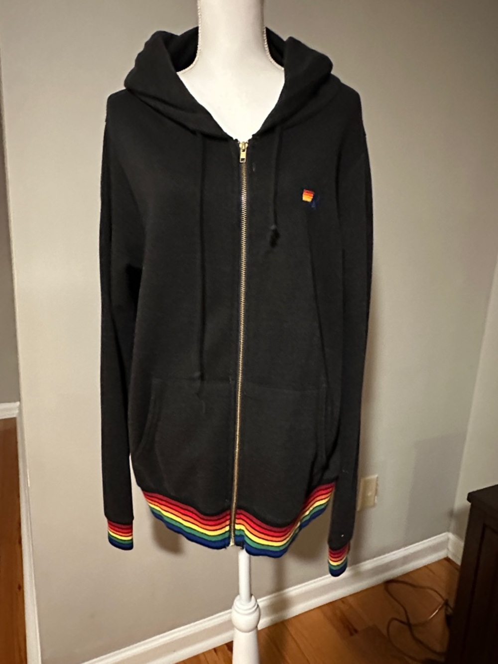 Aviator Nation Black Hoodie with Gold and Rainbow Trim